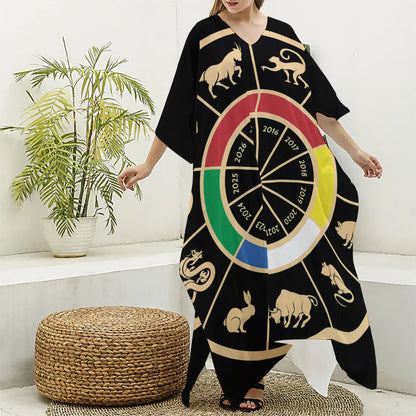 Chinese Zodiac Calendar Wheel Print Silk V-Neck Kaftan Dress