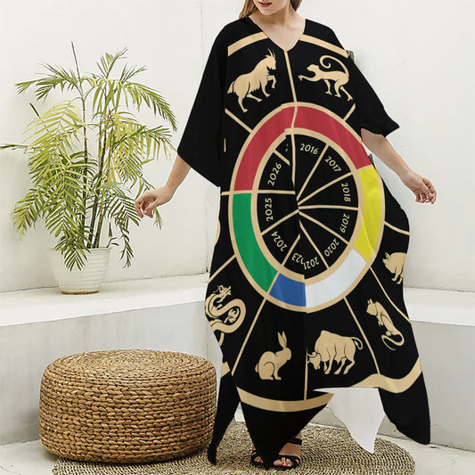 Chinese Zodiac Calendar Wheel Print Silk V-Neck Kaftan Dress