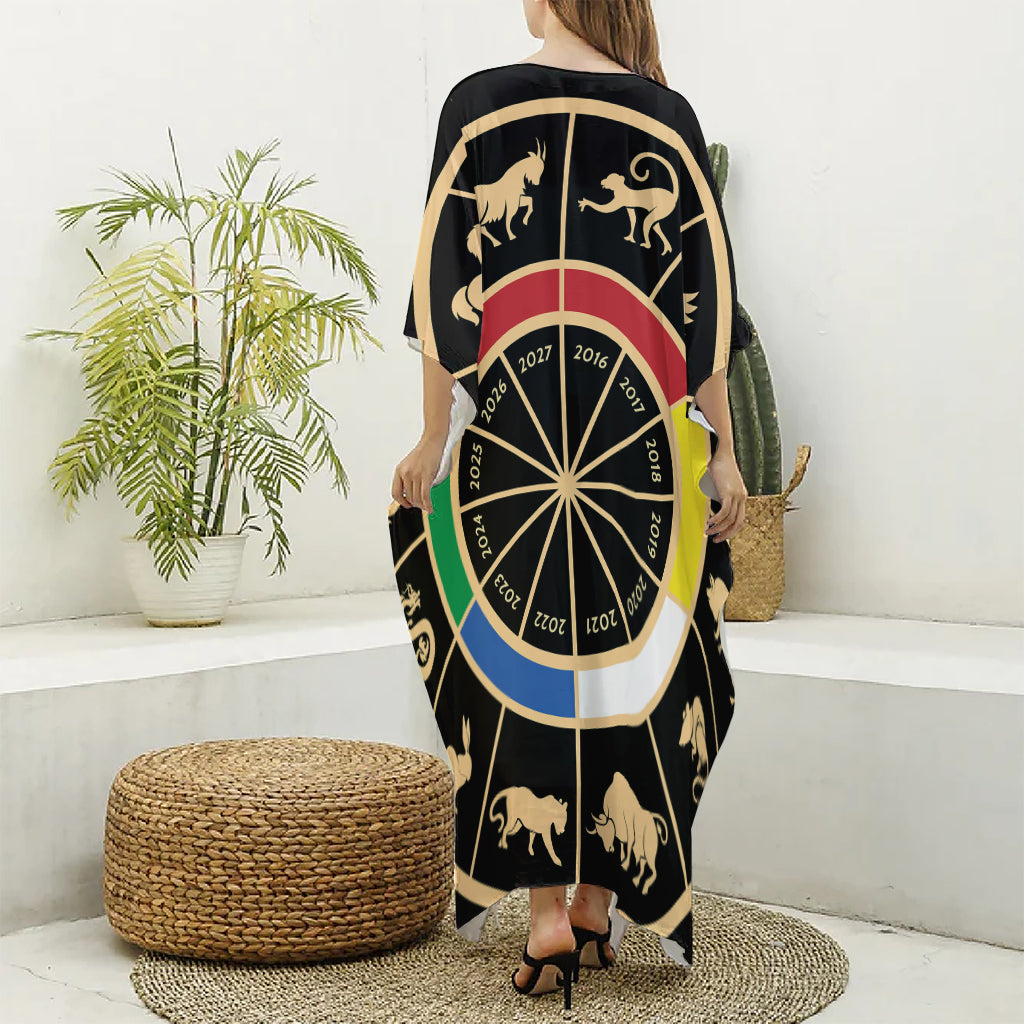 Chinese Zodiac Calendar Wheel Print Silk V-Neck Kaftan Dress