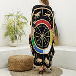 Chinese Zodiac Calendar Wheel Print Silk V-Neck Kaftan Dress
