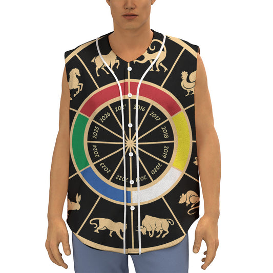 Chinese Zodiac Calendar Wheel Print Sleeveless Baseball Jersey