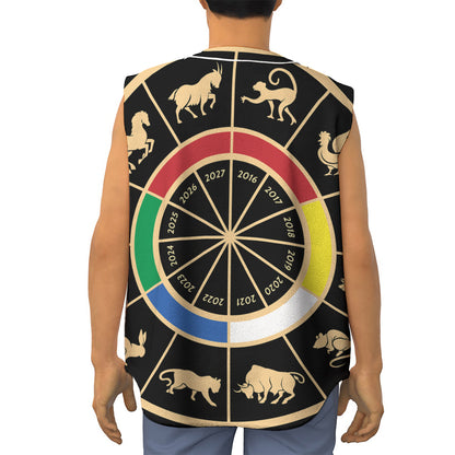 Chinese Zodiac Calendar Wheel Print Sleeveless Baseball Jersey
