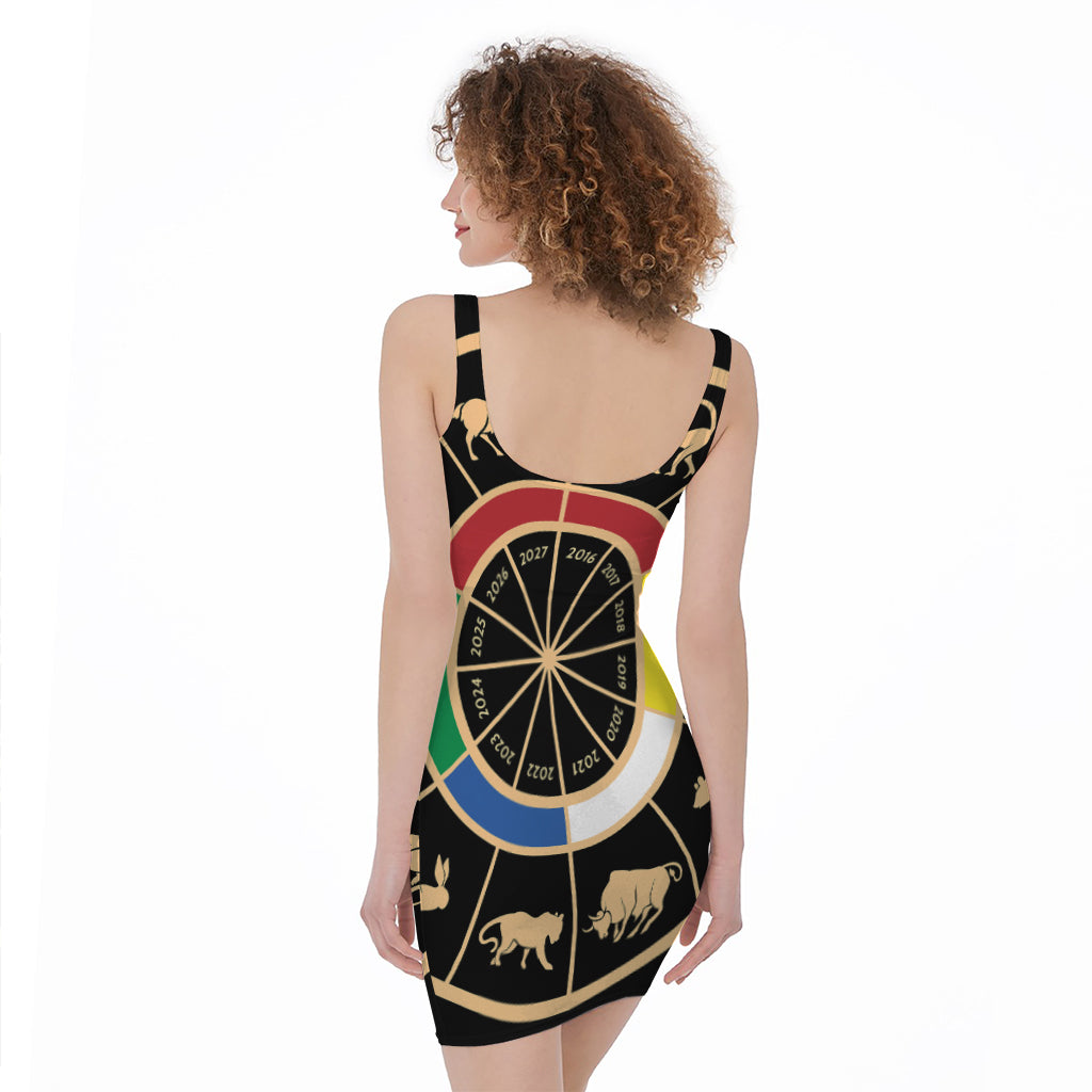 Chinese Zodiac Calendar Wheel Print Sleeveless Bodycon Dress