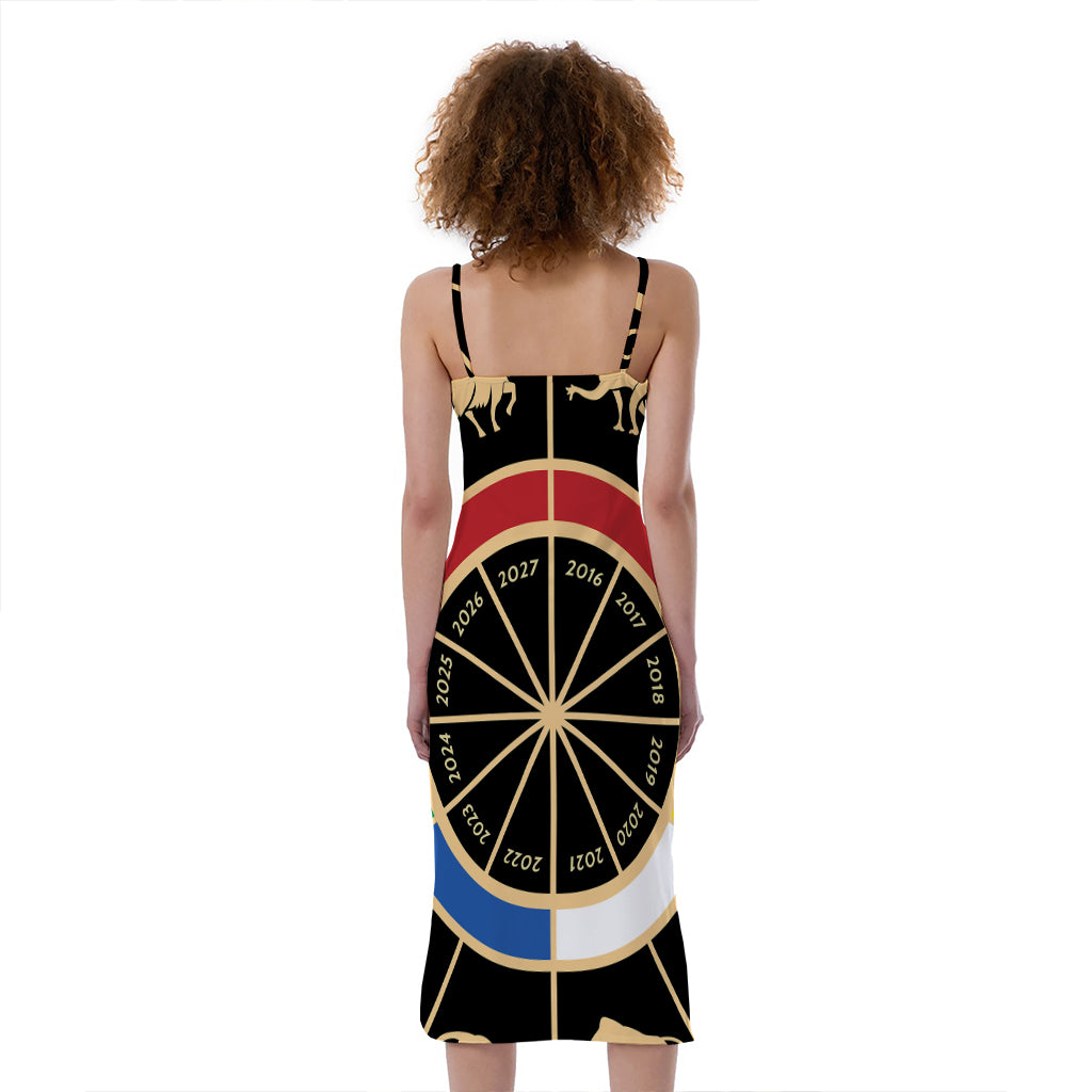 Chinese Zodiac Calendar Wheel Print Slim Fit Midi Cami Dress