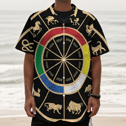 Chinese Zodiac Calendar Wheel Print Textured Short Sleeve Shirt