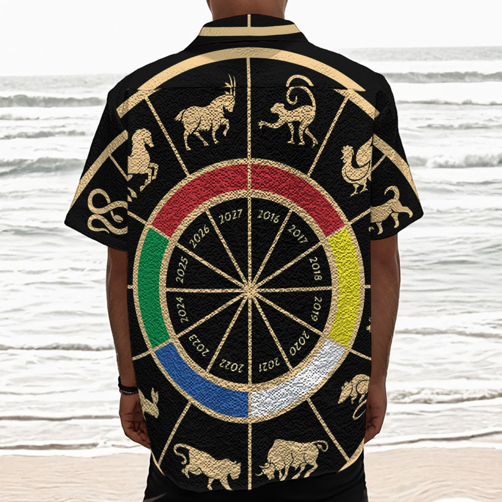 Chinese Zodiac Calendar Wheel Print Textured Short Sleeve Shirt