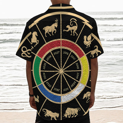 Chinese Zodiac Calendar Wheel Print Textured Short Sleeve Shirt