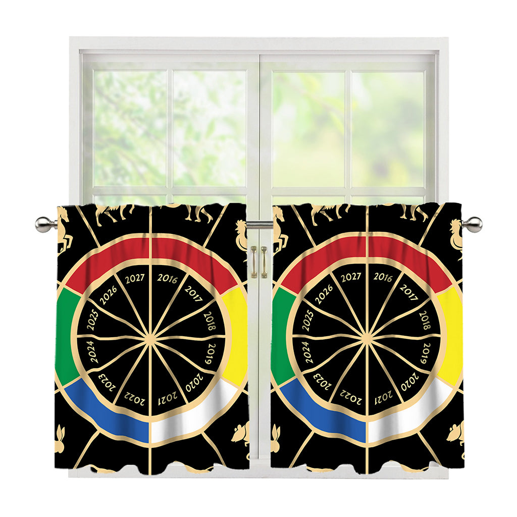Chinese Zodiac Calendar Wheel Print Tier Curtains