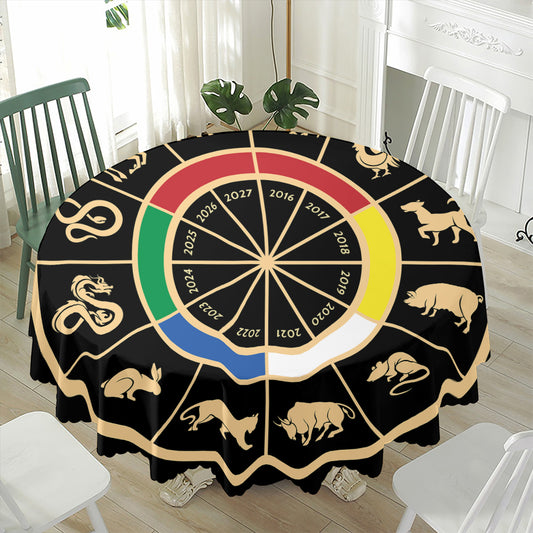 Chinese Zodiac Calendar Wheel Print Waterproof Round Tablecloth