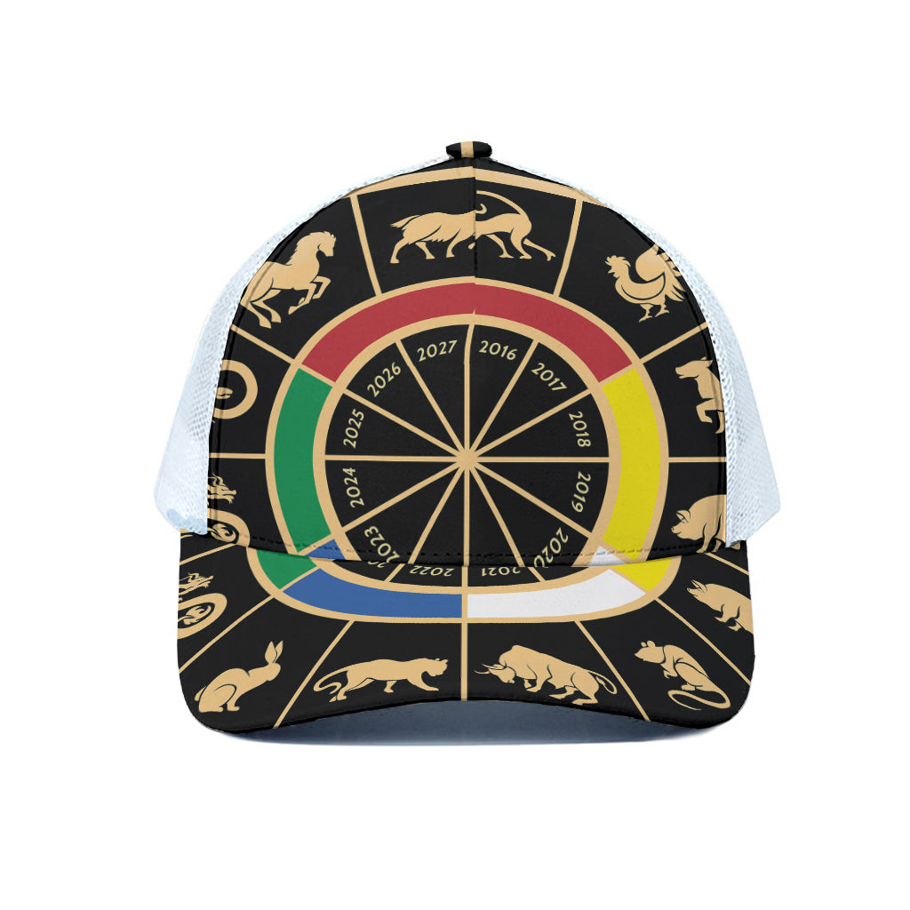 Chinese Zodiac Calendar Wheel Print White Mesh Trucker Cap