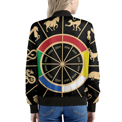 Chinese Zodiac Calendar Wheel Print Women's Bomber Jacket