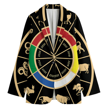 Chinese Zodiac Calendar Wheel Print Women's Cotton Blazer