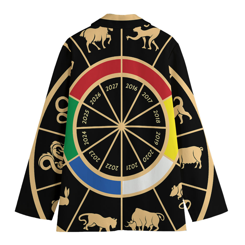 Chinese Zodiac Calendar Wheel Print Women's Cotton Blazer