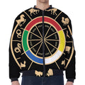 Chinese Zodiac Calendar Wheel Print Zip Sleeve Bomber Jacket