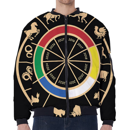 Chinese Zodiac Calendar Wheel Print Zip Sleeve Bomber Jacket