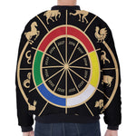 Chinese Zodiac Calendar Wheel Print Zip Sleeve Bomber Jacket