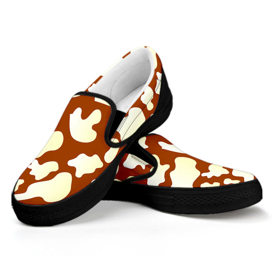 Chocolate And Milk Cow Print Black Slip On Sneakers