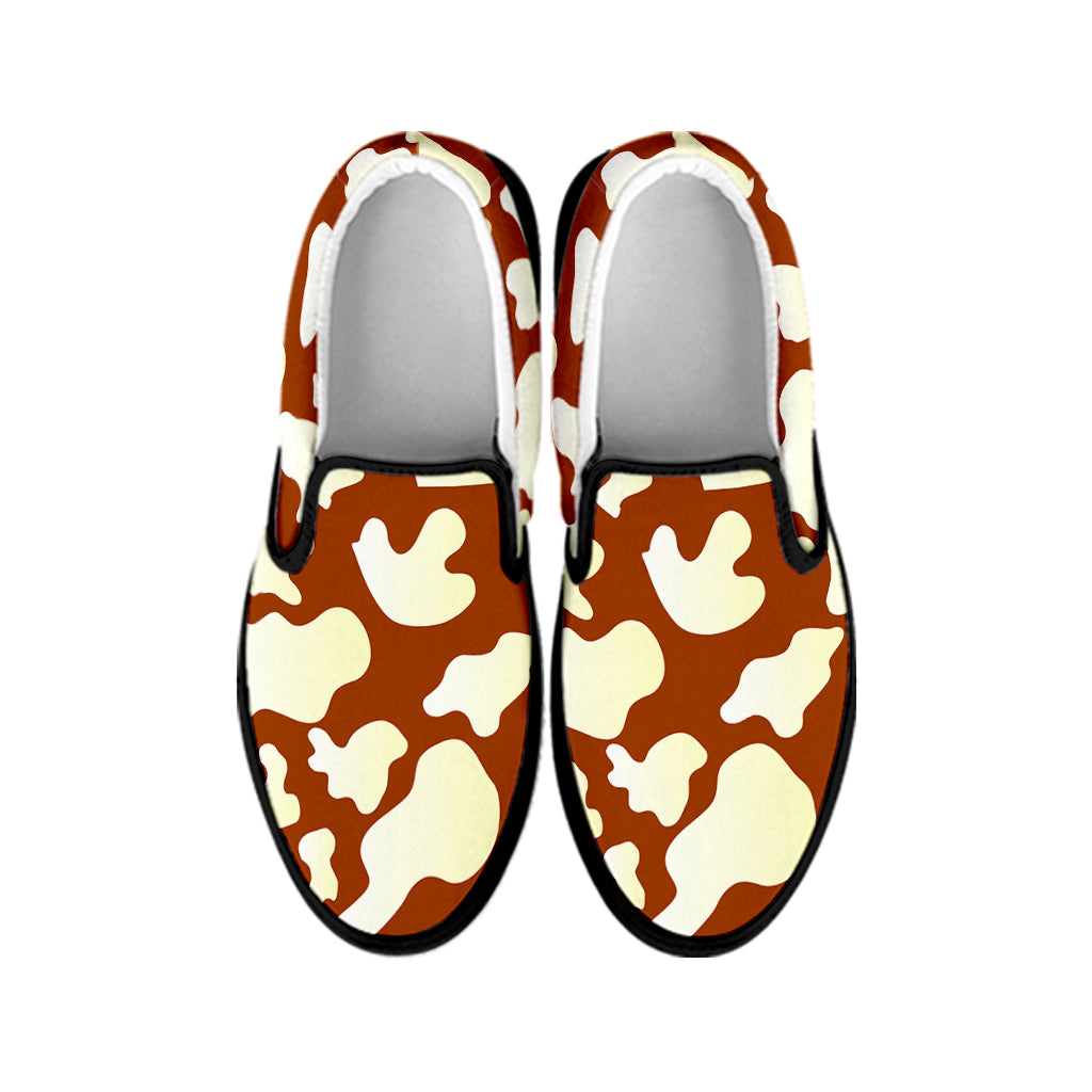 Chocolate And Milk Cow Print Black Slip On Sneakers