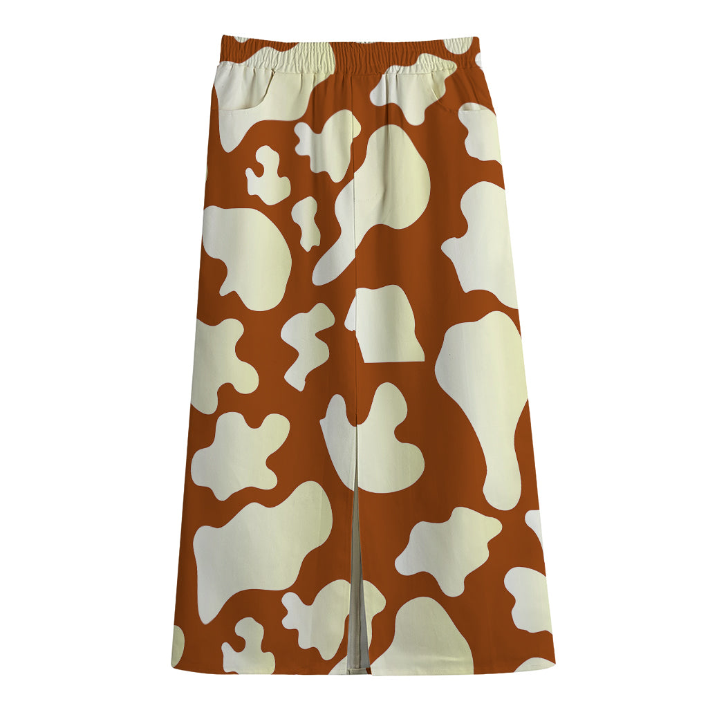 Chocolate And Milk Cow Print Cotton Front Slit Maxi Skirt