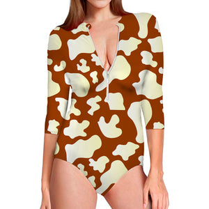 Chocolate And Milk Cow Print Long Sleeve Swimsuit