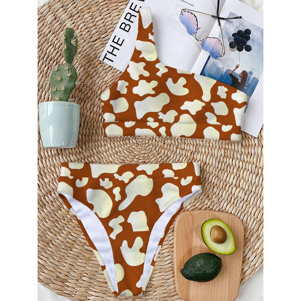 Chocolate And Milk Cow Print One Shoulder Bikini Top