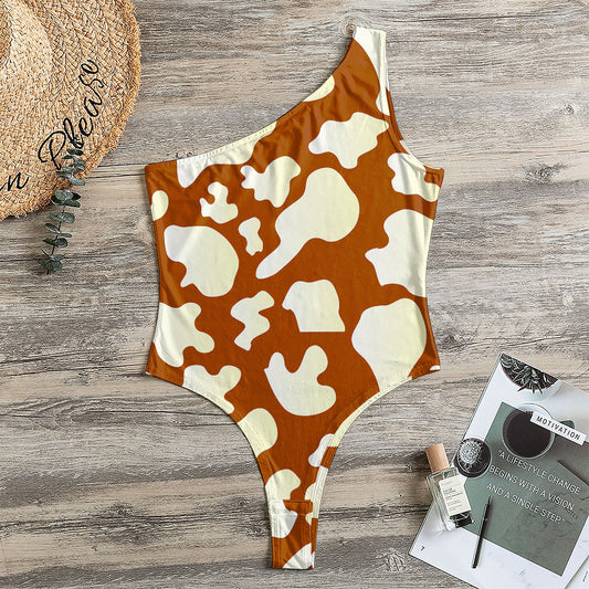 Chocolate And Milk Cow Print One Shoulder Bodysuit
