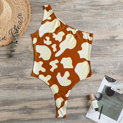 Chocolate And Milk Cow Print One Shoulder Bodysuit