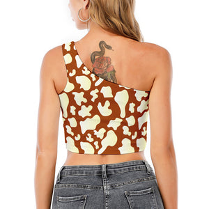 Chocolate And Milk Cow Print One Shoulder Crop Top