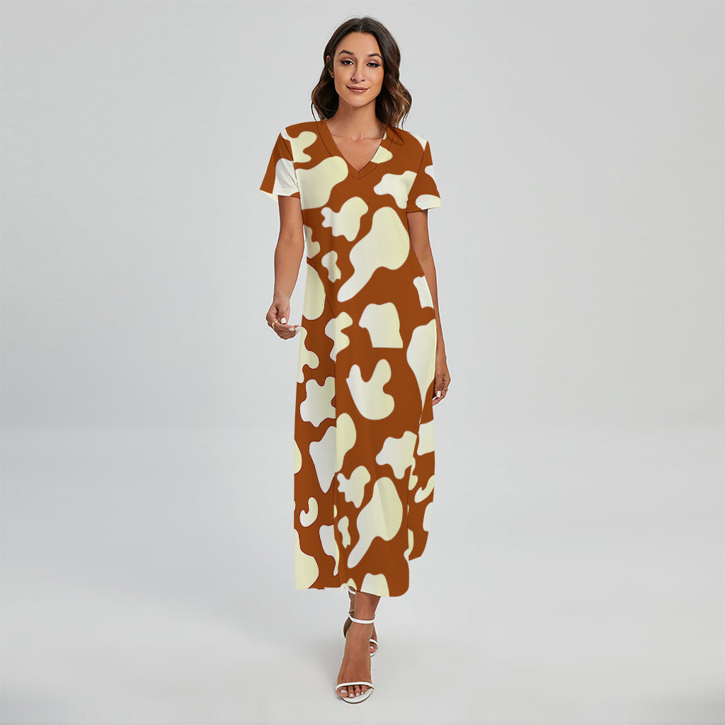 Chocolate And Milk Cow Print Short Sleeve Maxi Dress