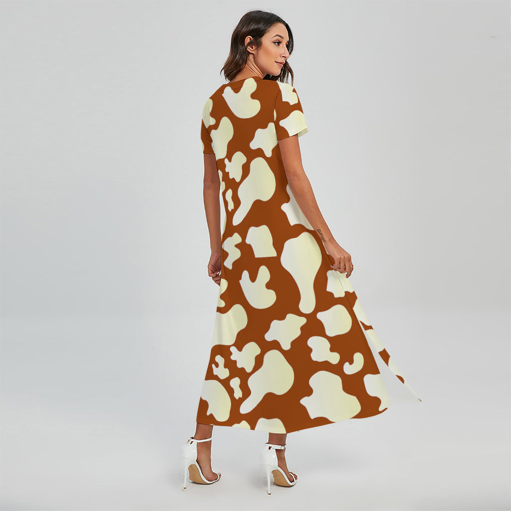 Chocolate And Milk Cow Print Short Sleeve Maxi Dress