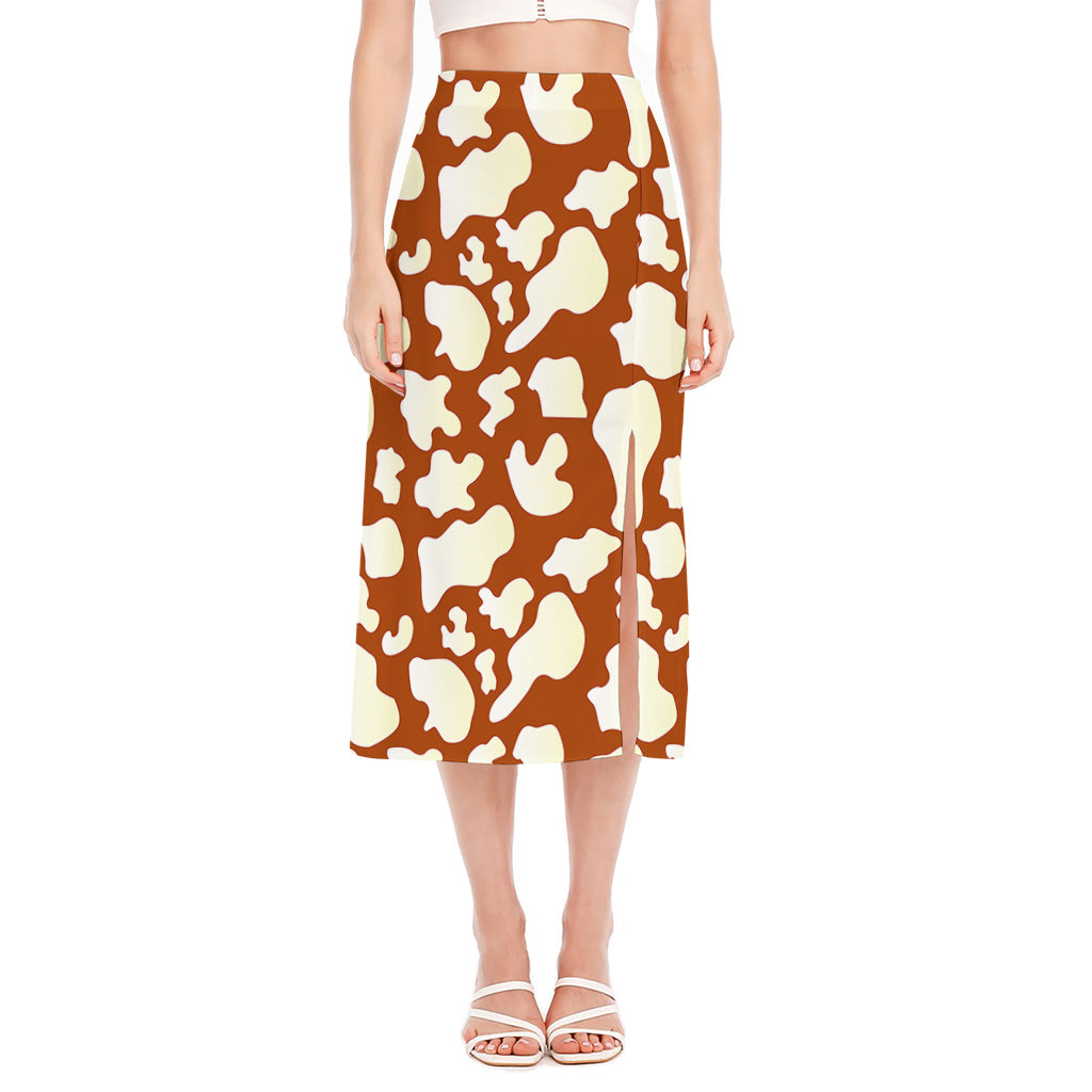 Chocolate And Milk Cow Print Side Slit Midi Skirt