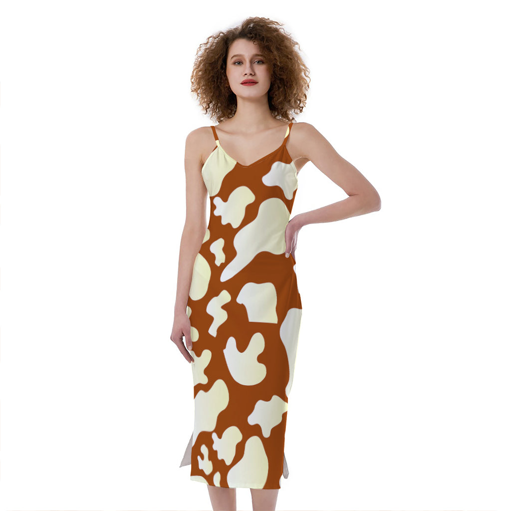 Chocolate And Milk Cow Print Slim Fit Midi Cami Dress