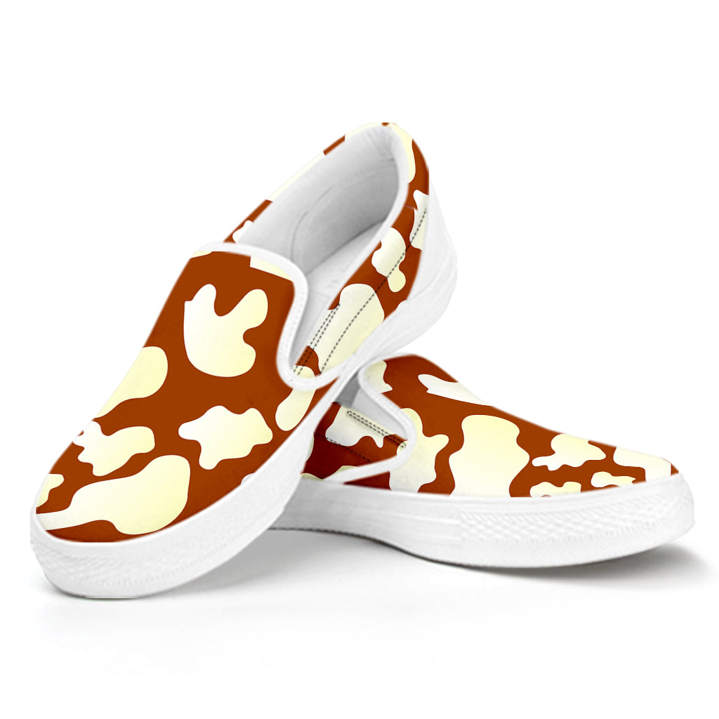 Chocolate And Milk Cow Print White Slip On Sneakers