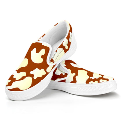 Chocolate And Milk Cow Print White Slip On Sneakers