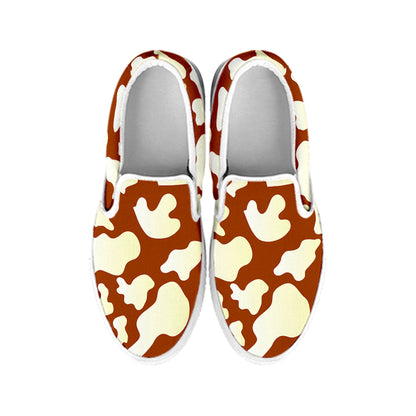 Chocolate And Milk Cow Print White Slip On Sneakers