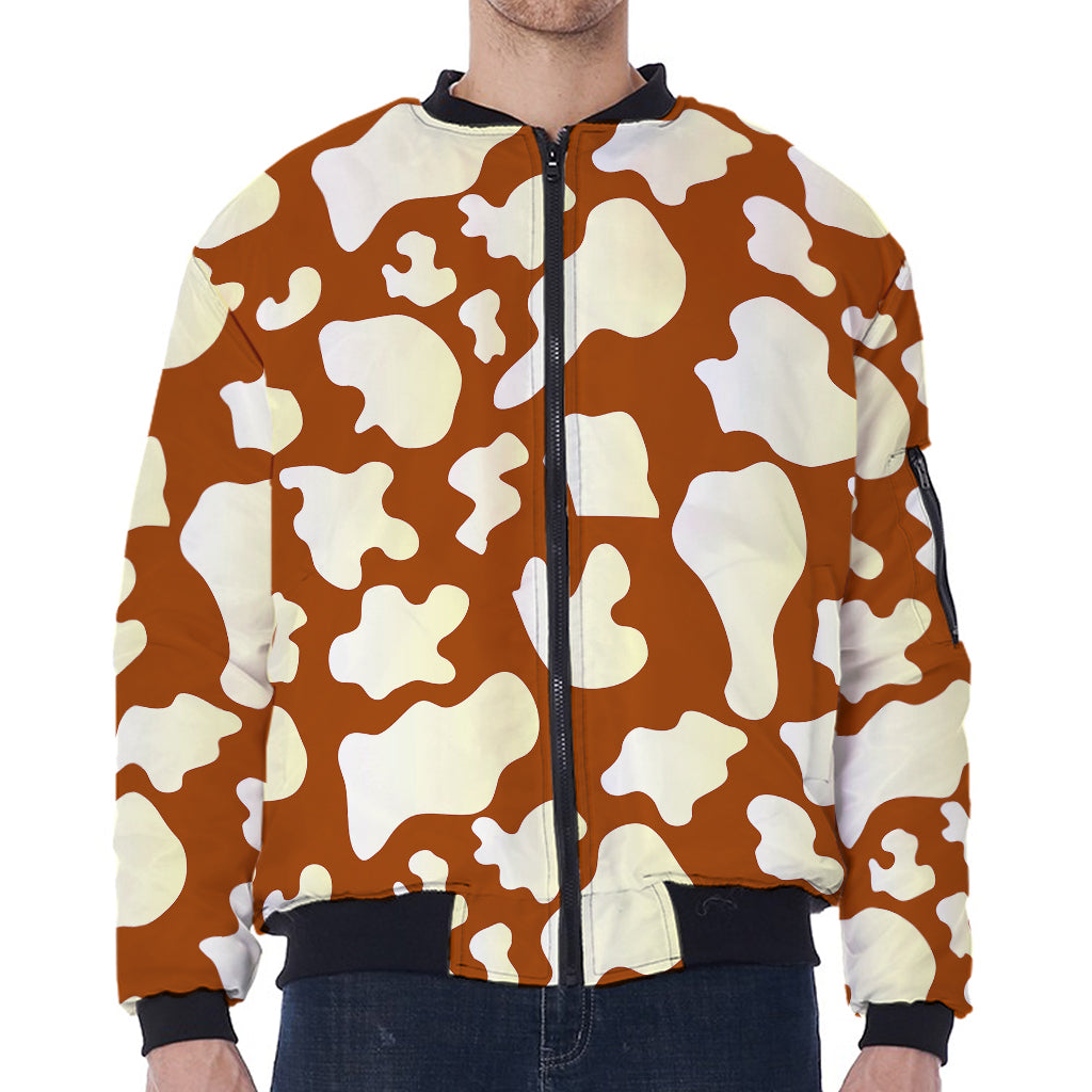Chocolate And Milk Cow Print Zip Sleeve Bomber Jacket