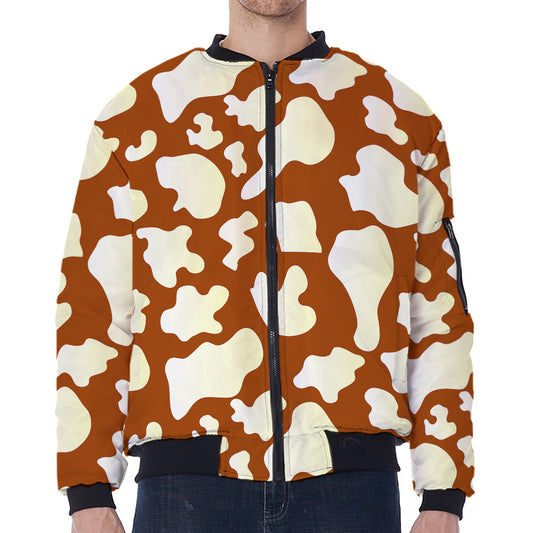 Chocolate And Milk Cow Print Zip Sleeve Bomber Jacket