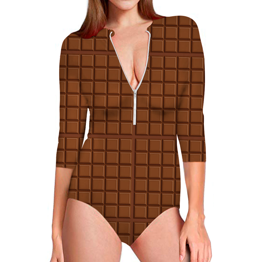 Chocolate Bar Pattern Print Long Sleeve Swimsuit