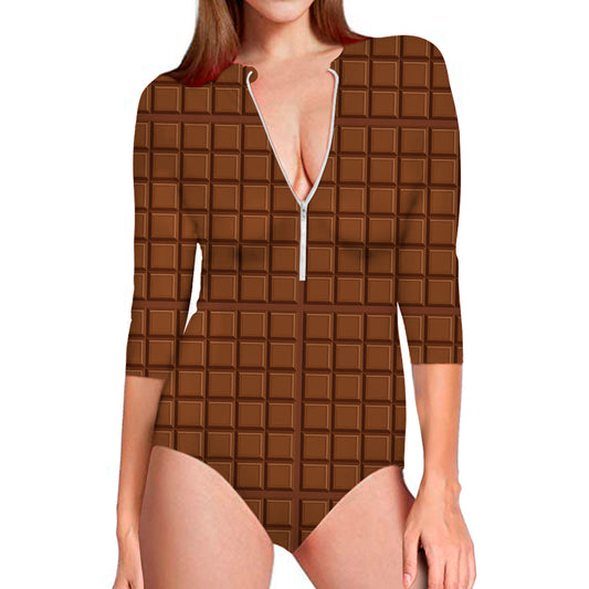 Chocolate Bar Pattern Print Long Sleeve Swimsuit