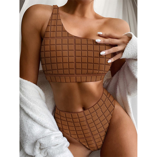 Chocolate Bar Pattern Print One Shoulder Bikini Top