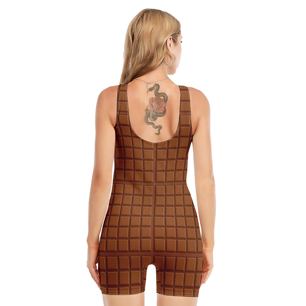 Chocolate Bar Pattern Print Sleeveless One Piece Swimsuit