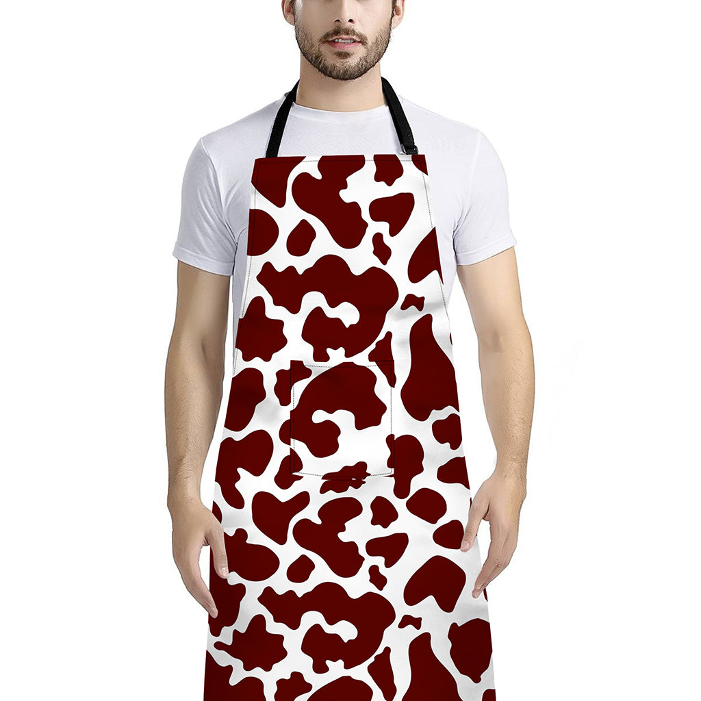 Chocolate Brown And White Cow Print Bib Apron With Pocket