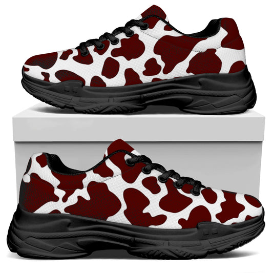 Chocolate Brown And White Cow Print Black Chunky Shoes