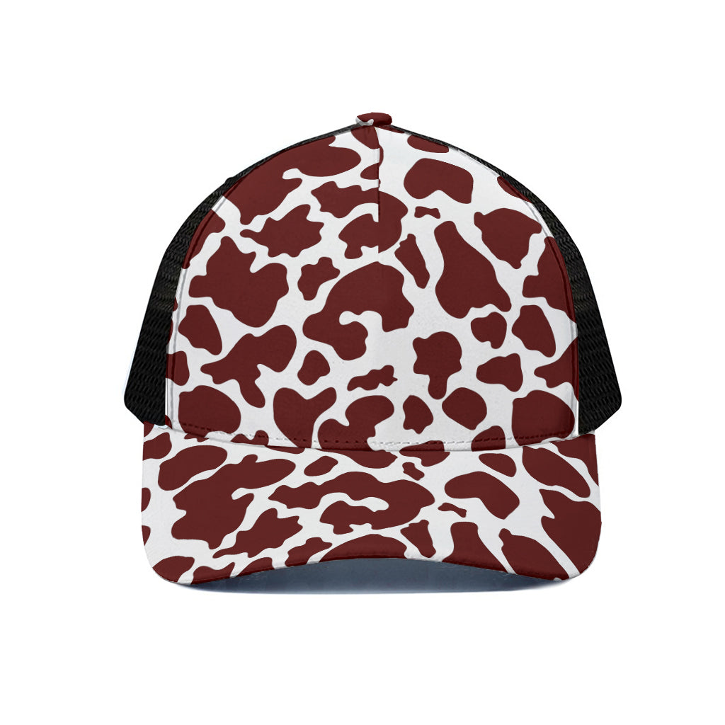 Chocolate Brown And White Cow Print Black Mesh Trucker Cap