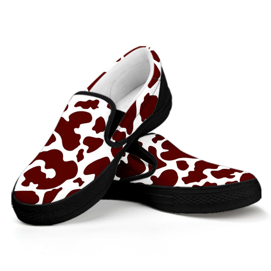 Chocolate Brown And White Cow Print Black Slip On Sneakers