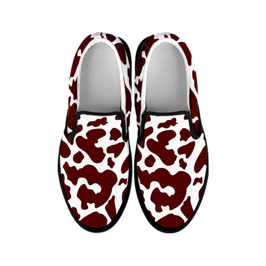 Chocolate Brown And White Cow Print Black Slip On Sneakers