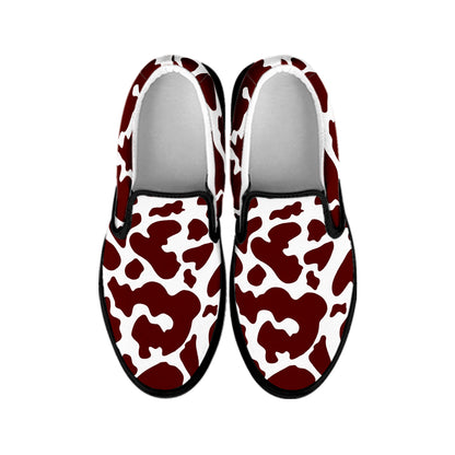 Chocolate Brown And White Cow Print Black Slip On Sneakers