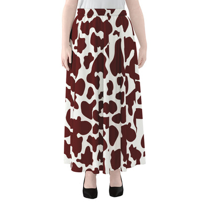 Chocolate Brown And White Cow Print Chiffon Maxi Skirt