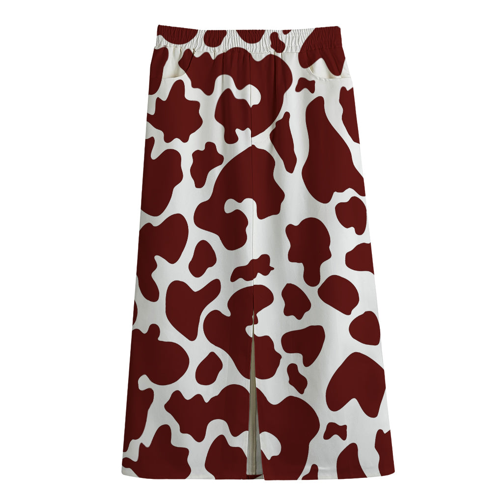 Chocolate Brown And White Cow Print Cotton Front Slit Maxi Skirt