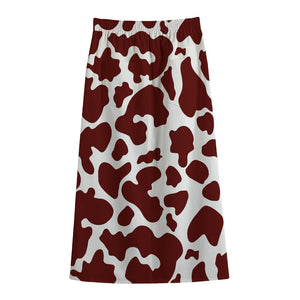 Chocolate Brown And White Cow Print Cotton Front Slit Maxi Skirt